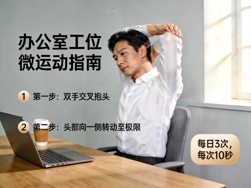 办公室工位微运动指南 - 上班族在座椅上进行肩颈拉伸练习