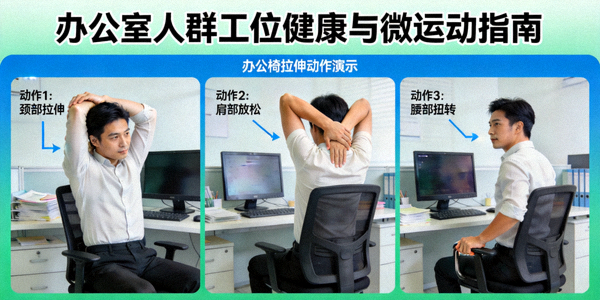 办公室人群工位健康与微运动指南 - 演示在办公椅上的拉伸动作