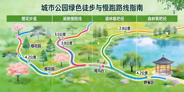 城市公园绿色徒步与慢跑路线指南 - 地图标注多条风景优美的路径