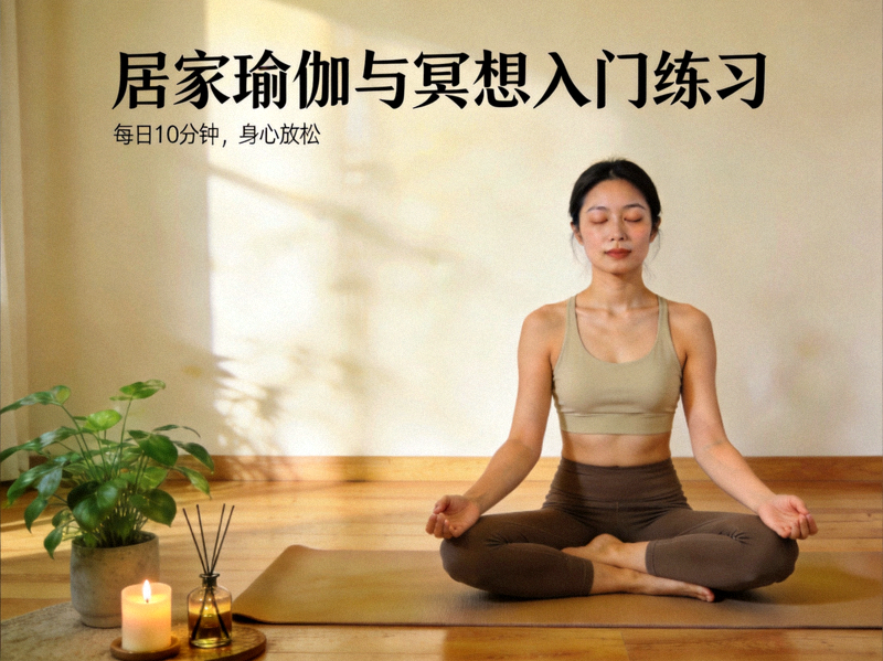 居家瑜伽与冥想入门练习 - 女性在瑜伽垫上进行伸展冥想