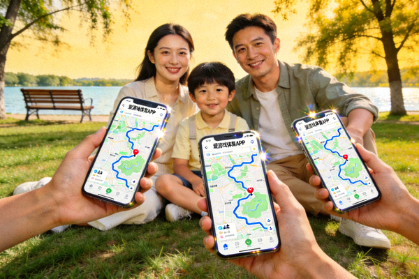 一家人在公园使用爱游戏体育APP规划徒步路线 - 手机地图显示详细路径
