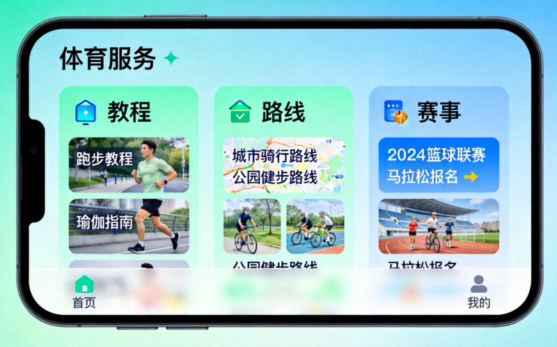 用户通过手机应用查看各类体育服务 - 界面展示教程、路线和赛事