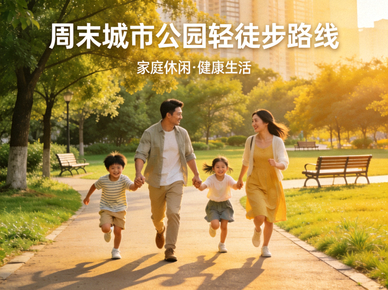 周末城市公园轻徒步路线 - 一家人在公园小径上漫步