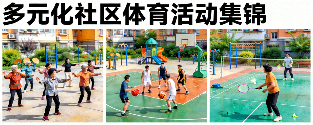 多元化社区体育活动集锦 - 包含广场舞、篮球、羽毛球等运动场景