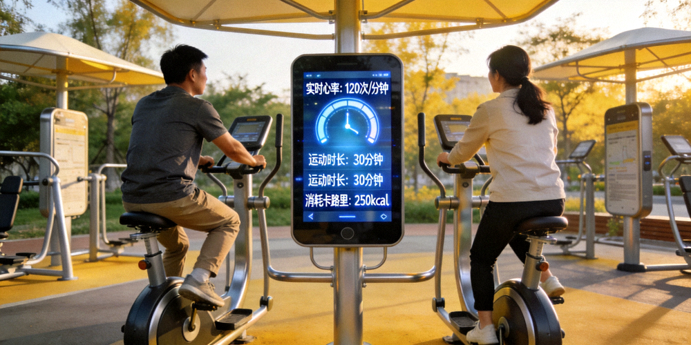 市民使用智能健身器材进行锻炼 - 屏幕显示实时运动数据