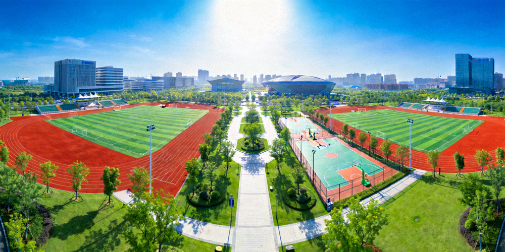现代化城市体育公园全景 - 包含跑道、球场与绿化休闲区