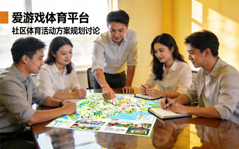爱游戏体育平台团队讨论社区体育活动方案 - 团队成员围绕地图和资料进行规划