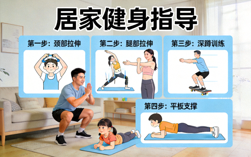 居家健身指导示意图 - 家庭成员在客厅进行简单的拉伸和力量训练