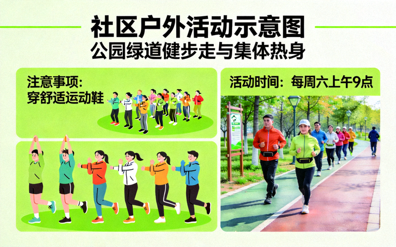 社区户外活动示意图 - 居民在公园绿道上进行健步走和集体热身