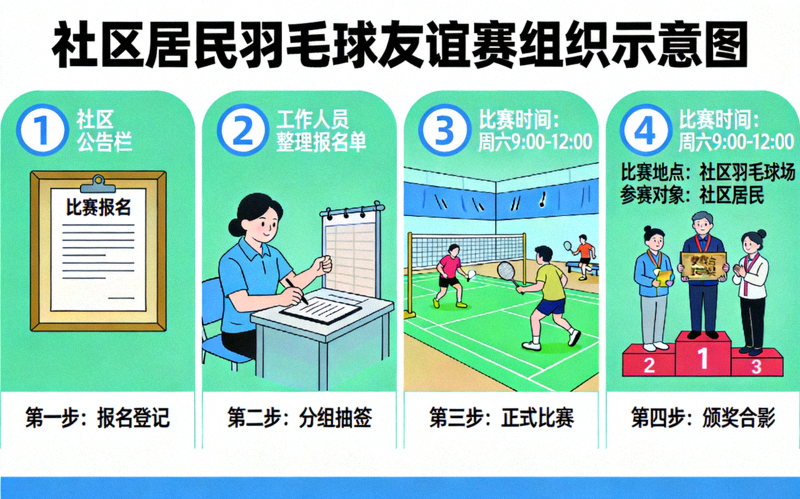 业余体育赛事组织示意图 - 社区居民参加羽毛球友谊赛