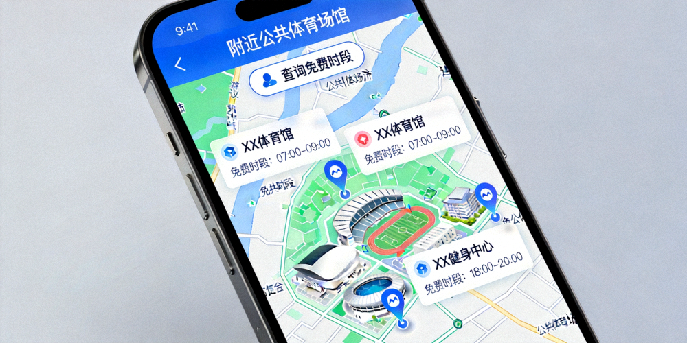 用户通过爱游戏体育APP查询附近公共体育场馆信息与免费时段 - 手机地图界面清晰展示