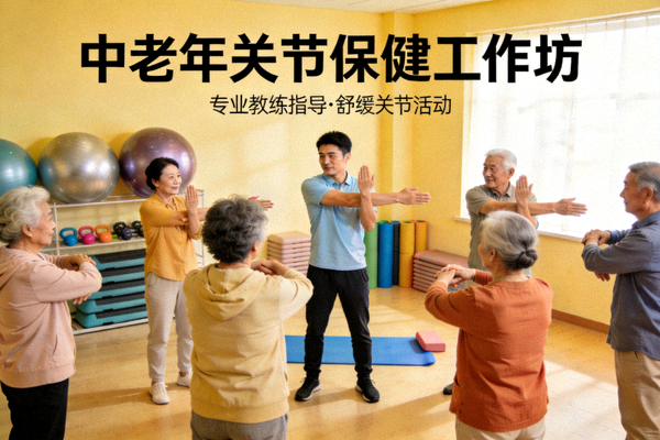 中老年关节保健工作坊 - 专业教练指导几位老年人进行舒缓的关节活动