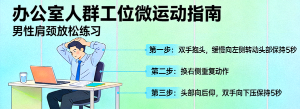 办公室人群工位微运动指南 - 男性在办公桌前进行肩颈放松练习