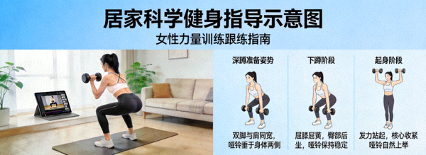 居家科学健身指导示意图 - 女性在客厅跟随视频进行力量训练