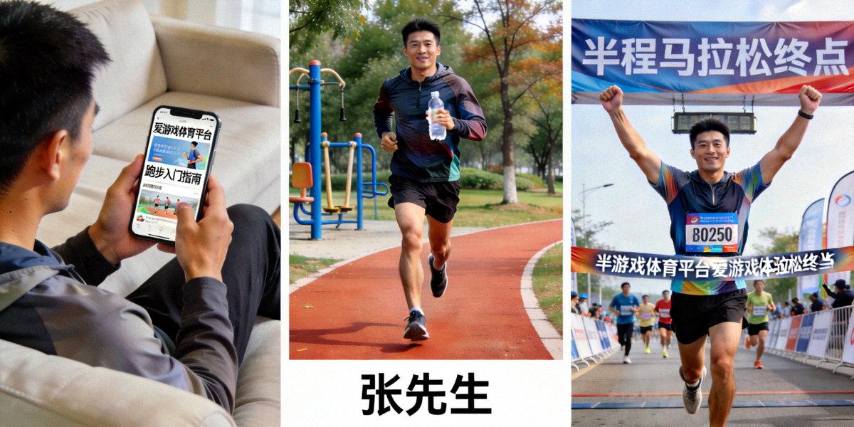 爱游戏体育平台采访普通用户张先生的报道配图，展示他从通过新闻了解跑步到完成首个半程马拉松的转变过程