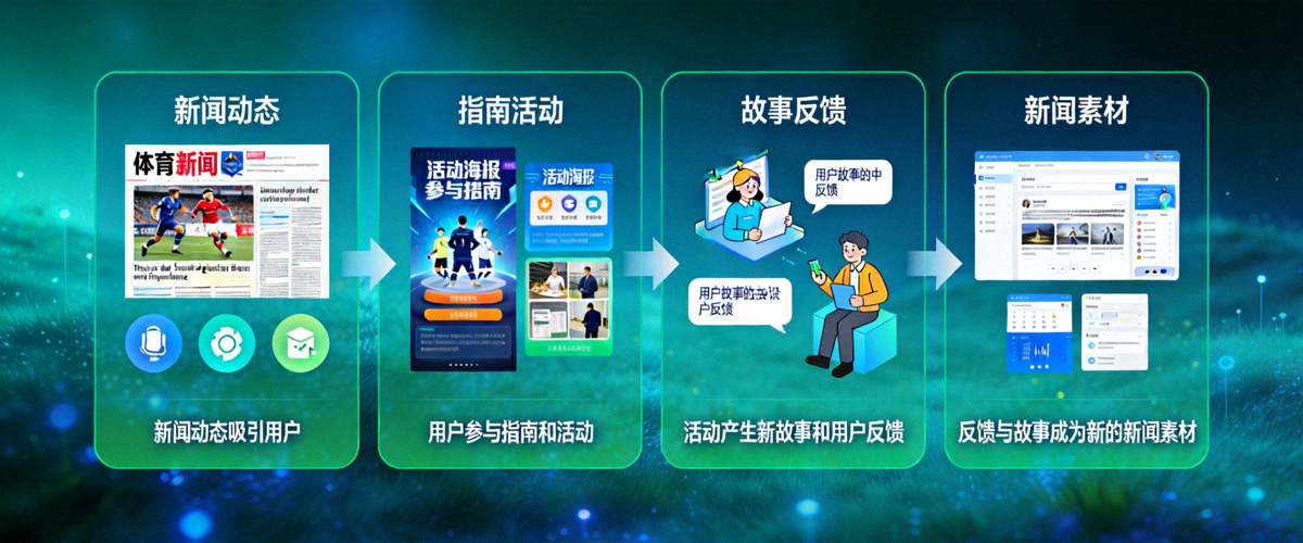 示意图展示爱游戏体育平台生态循环：新闻动态吸引用户 -> 用户参与指南和活动 -> 活动产生新故事和用户反馈 -> 反馈与故事成为新的新闻素材