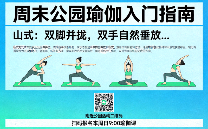 一篇爱游戏体育新闻动态文章截图，标题为‘周末公园瑜伽入门指南’，文中附有详细动作分解图和附近公园活动二维码