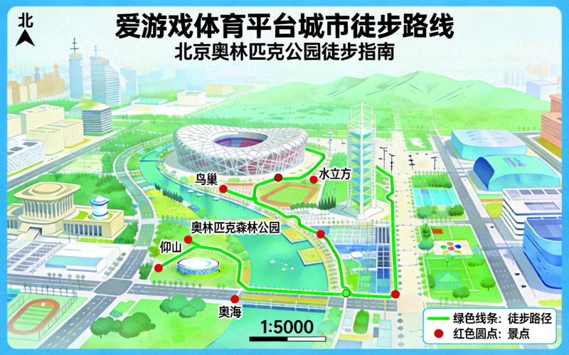 爱游戏体育平台城市徒步路线地图 - 显示详细的北京奥林匹克公园徒步路径与景点标注
