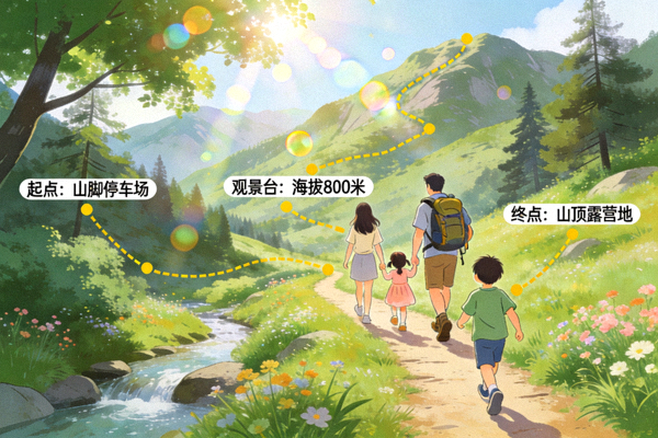 户外徒步路线示意图 - 一家人在风景优美的山间小径徒步，享受自然阳光