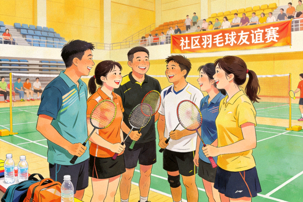 业余赛事参与示意图 - 社区羽毛球比赛现场，参赛者笑容满面，气氛友好