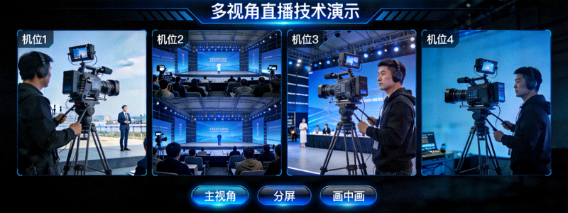 多视角直播技术界面演示 - 屏幕上同时显示多个不同摄像机位的画面