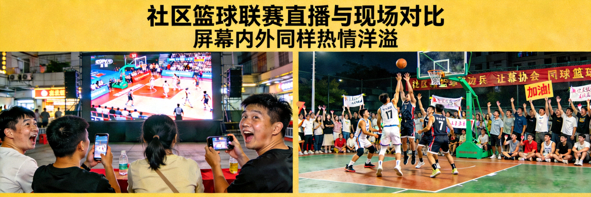 社区篮球联赛直播画面与线下比赛现场对比 - 屏幕内外同样热情洋溢
