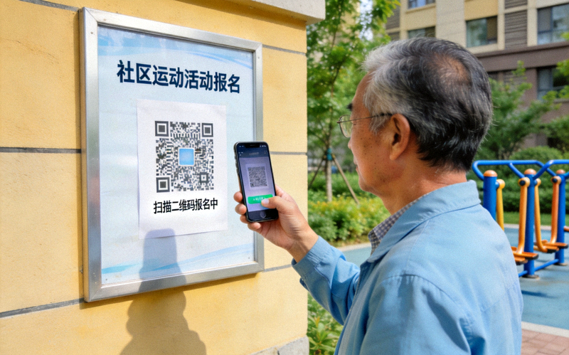社区居民通过手机扫描二维码报名参加社区运动活动 - 便捷的数字化参与方式
