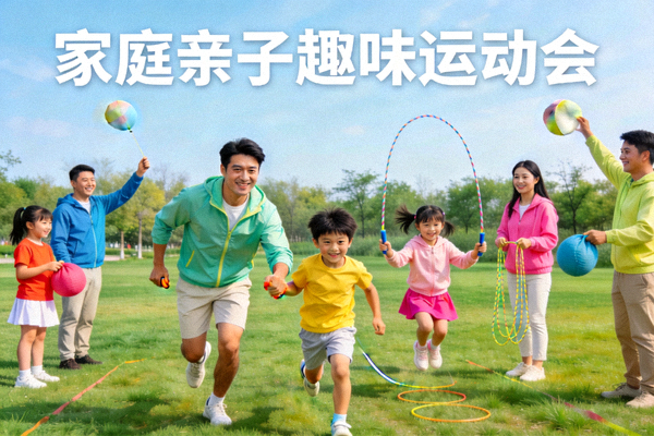 家庭亲子运动会在公园举行 - 父母与孩子共同参与趣味运动项目