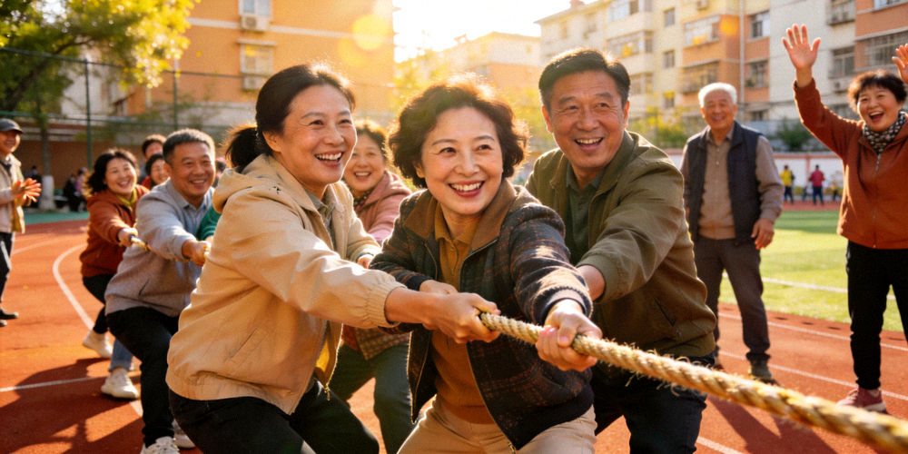 社区居民欢乐参与趣味运动会拔河比赛 - 众人齐心协力，笑容满面