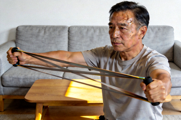 一位中年男士在家中客厅利用弹力带进行上肢力量训练，表情专注