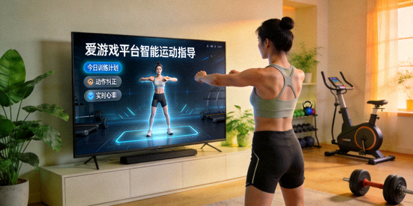 爱游戏平台智能运动指导功能演示 - 用户在家中跟随屏幕上的AI教练进行锻炼