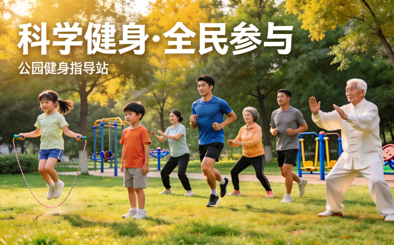 不同年龄段人群在公园共同进行科学健身活动 - 展现全民参与的科学运动场景