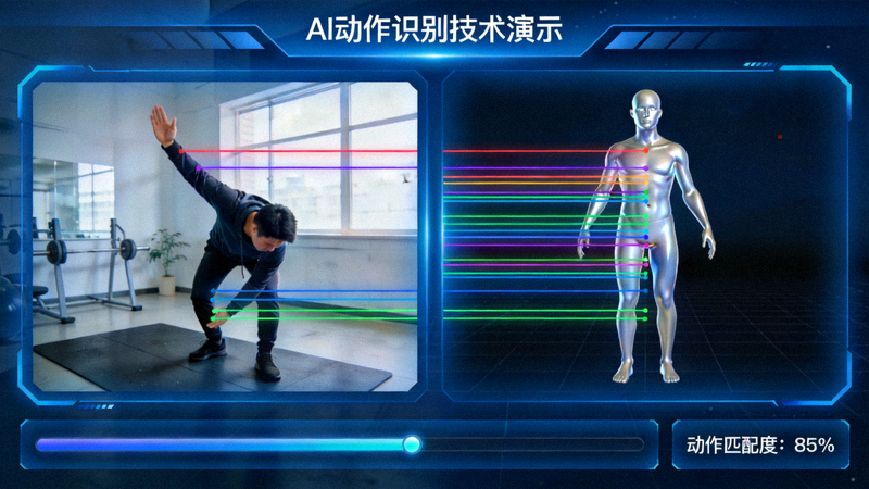 AI动作识别技术演示 - 屏幕实时显示用户动作与标准姿势的对比分析