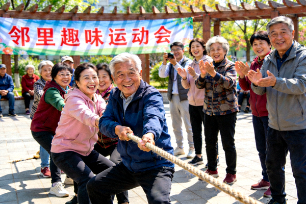 北京某社区利用爱游戏平台组织的邻里趣味运动会现场 - 居民参与拔河比赛欢声笑语