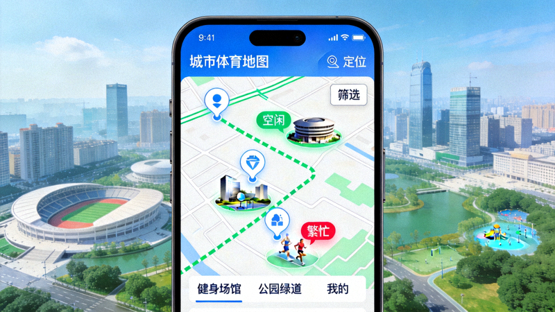 城市体育地图手机界面 - 显示周边健身场馆、公园绿道与实时空闲状态