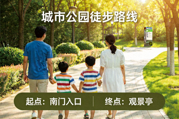 城市公园徒步路线 - 一家人在绿树成荫的公园小道上行走