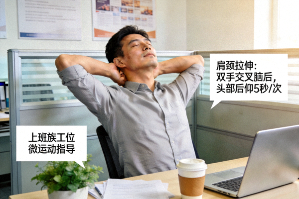 上班族工位微运动指导 - 男性在办公桌前进行肩颈拉伸练习