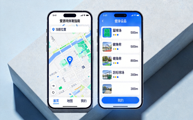 社区居民使用爱游戏体育指南平台手机应用查询健身设施 - 手机界面展示地图与设施列表