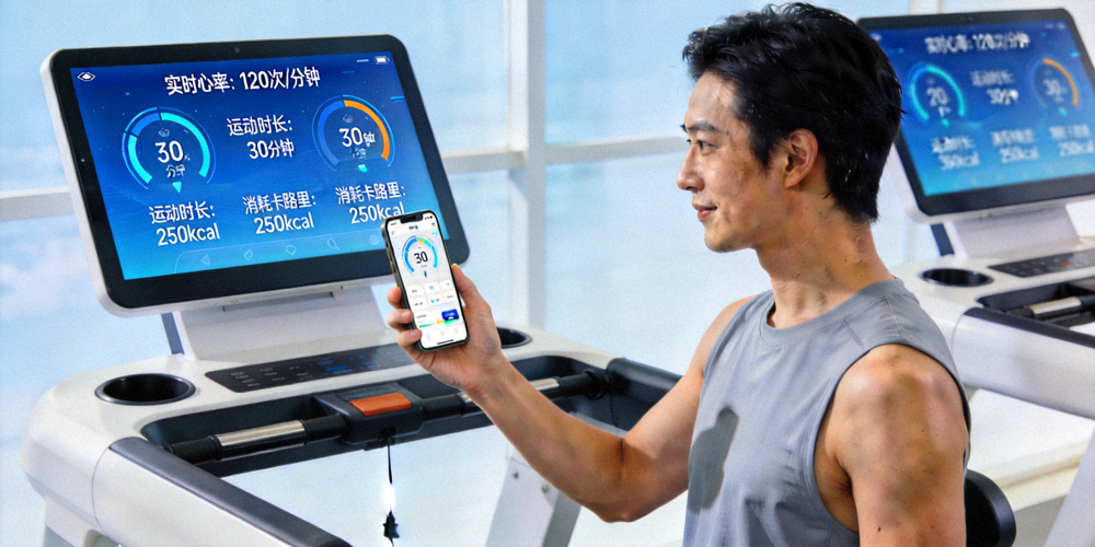 市民使用手机APP连接智能健身器材进行锻炼 - 屏幕显示实时运动数据