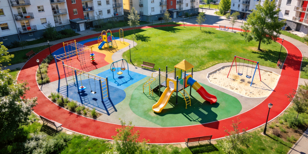 现代化的社区体育公园全景 - 包含多功能健身区、儿童活动区和慢跑道