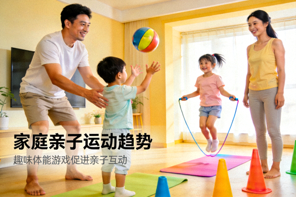 家庭亲子运动趋势 - 父母与孩子在家中一起做趣味体能游戏