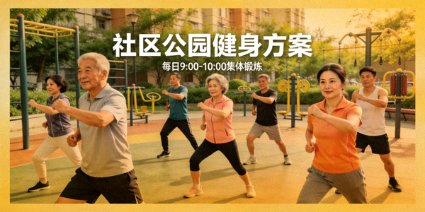 社区公园健身方案 - 多人在社区公园进行团体健身操