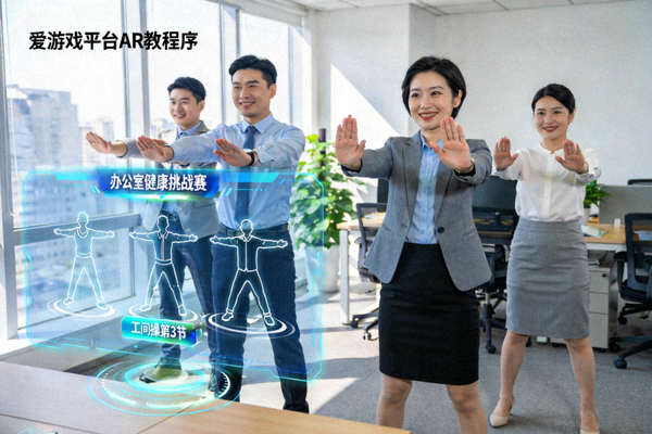 办公室健康挑战赛现场 - 员工跟随爱游戏平台AR教程进行工间操