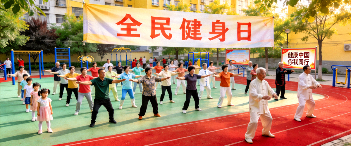 全民健身日活动现场盛况 - 不同年龄段的市民参与广播体操、太极拳等集体锻炼