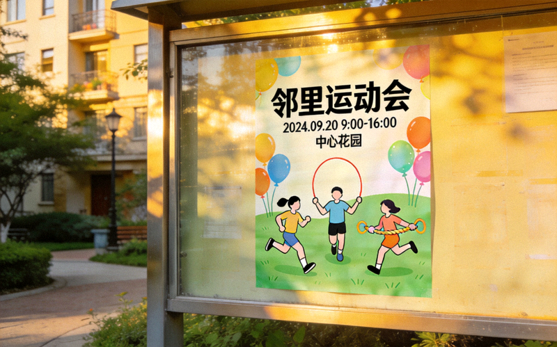 社区公告栏上张贴着色彩鲜艳的邻里运动会宣传海报