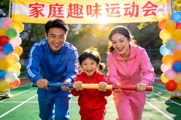 社区家庭趣味运动会现场 - 父母与孩子共同参与接力比赛