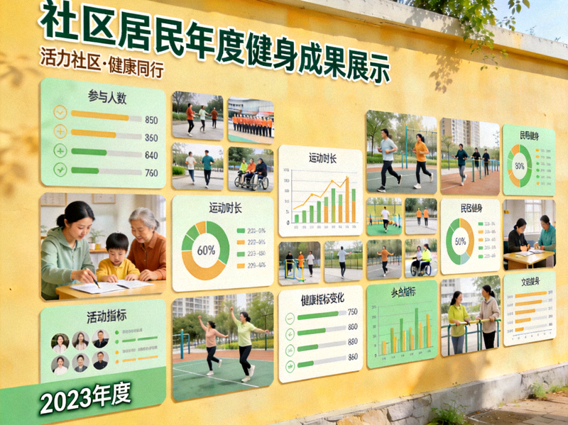 社区居民年度健身成果展示墙 - 贴满活动照片与数据图表