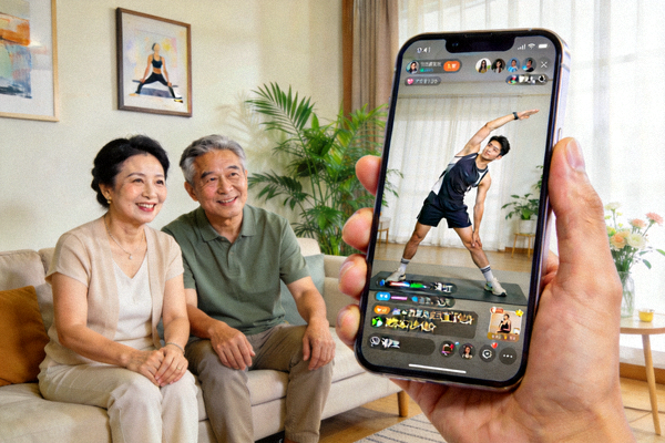 社区居民使用手机APP参与线上健身课程 - 屏幕显示教练直播画面