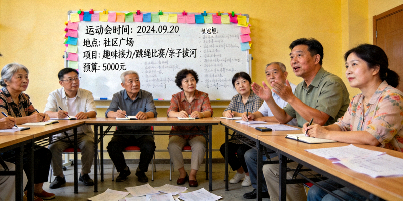 社区居民围坐在一起开会讨论运动会策划方案 - 白板上写满了想法