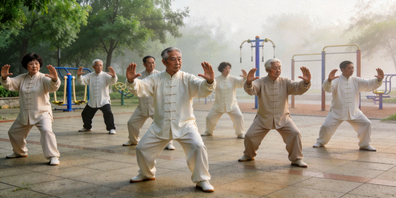 中老年居民在进行舒缓的太极拳团体表演 - 动作整齐划一